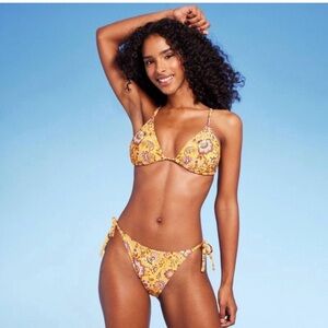 Shade & Shore Paisley Floral Triangle Bikini Set Yellow Gold XL NWT